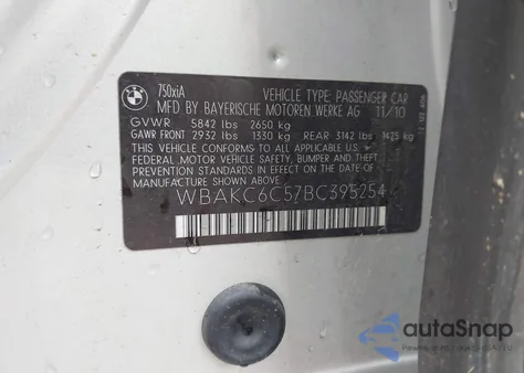 2011 BMW 750I xDrive from USA, damaged, VIN WBAKC6C57BC395254